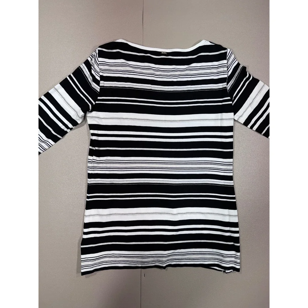 St John‎ Womens Small Black White Striped 3/4 Sleeve Knit Top Metallic Detail